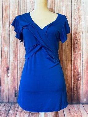 Women’s Medium Blouse Georgiou Studio Blue Tie Back Short Flutter Sleeve Stretch